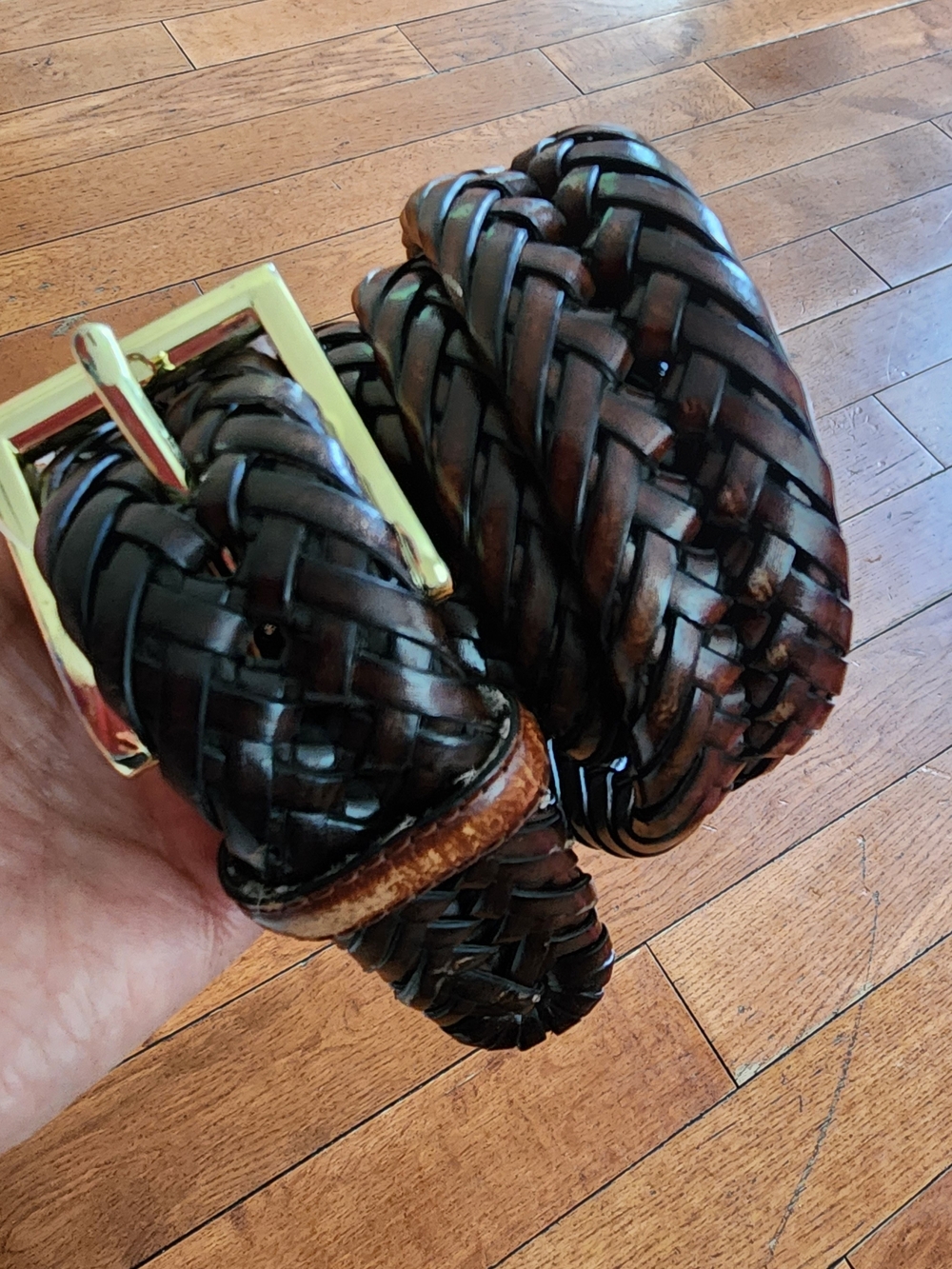 AJA Braided Belt Men Size 38/95 Brown Bonded Leather Gold Tone Hardware Classic